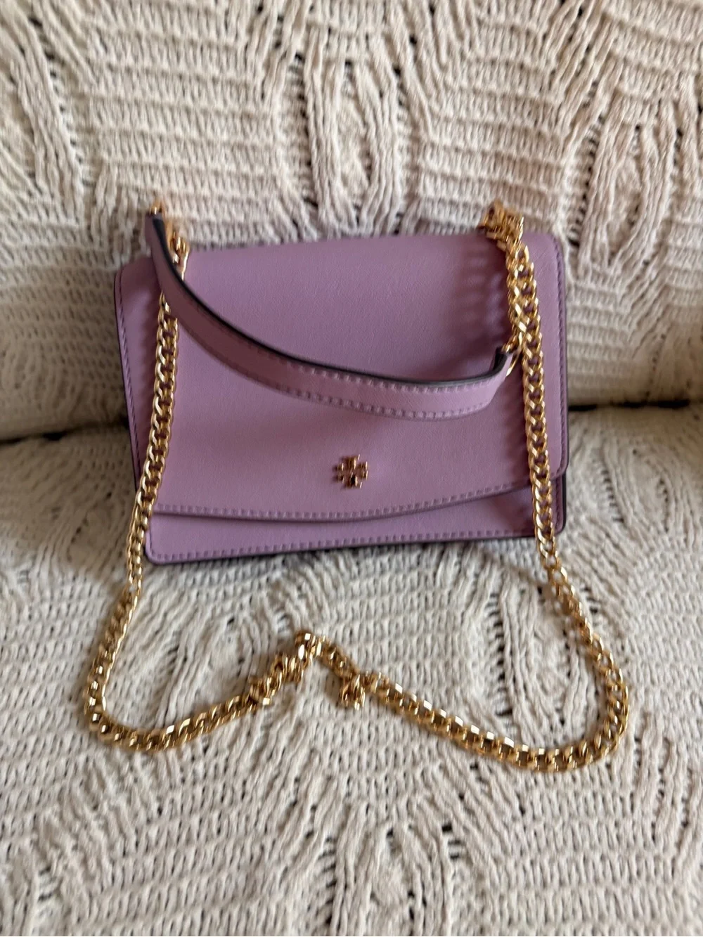 Tory Burch Lavender Leather Flap Crossbody with Gold Chain